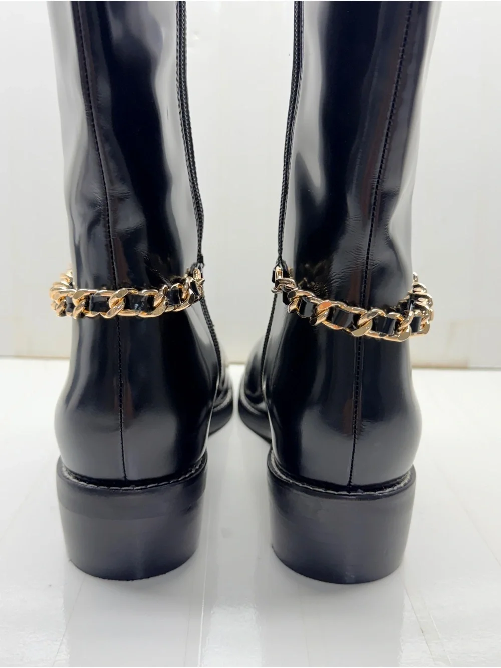 NEW L’Agence Black Patent Knee-High Boots with Gold Chain Accent, Size 7.5